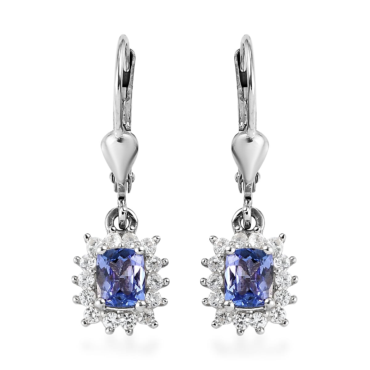 Tanzanite and Natural White Zircon Lever Back Earrings in Sterling Silver