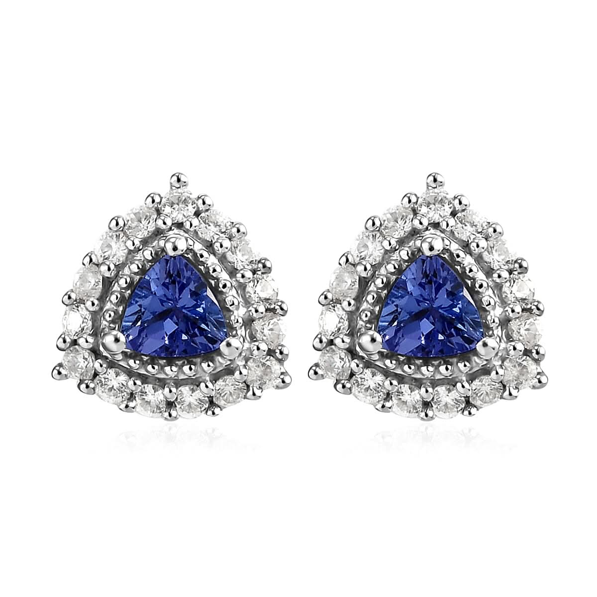 Tanzanite and Natural White Zircon Halo Stud Earrings in Platinum Over Sterling Silver 1.15 ctw