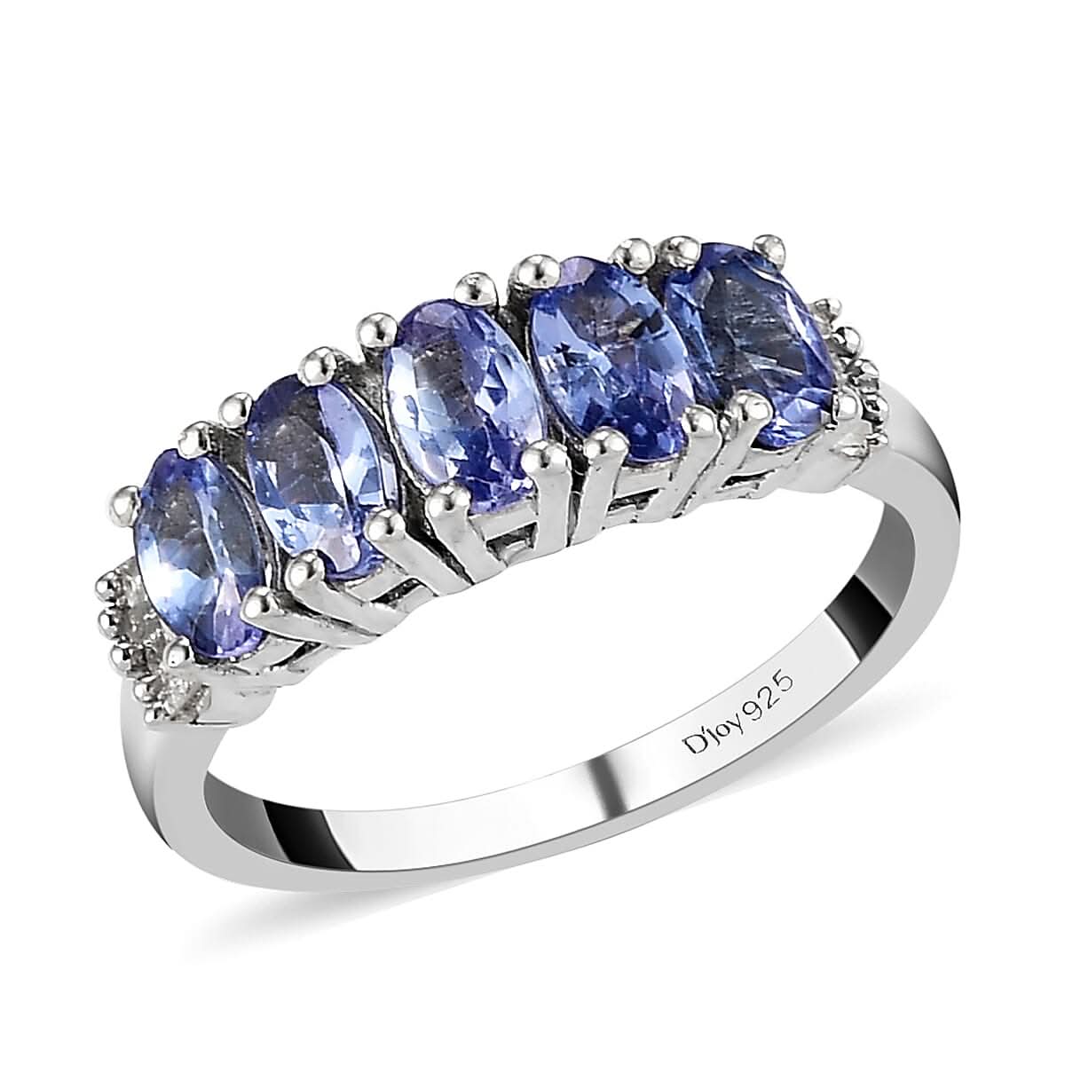 Tanzanite and Diamond 5 Stone Ring in Platinum Over Sterling Silver 1.15 ctw (1)