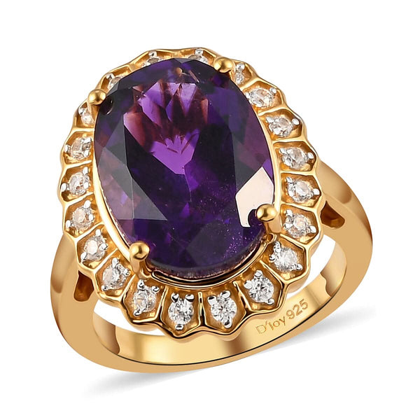 Moroccan Amethyst and Natural White Zircon Ring in Vermeil Yellow Gold Over Sterling Silver (Size 8.0) 6.25 ctw - Product card gallery slide 1 (9431476928767)