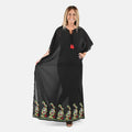 TAMSY Black Long V-Neck Mexi Kaftan with Doori & Tassels - One Size Fits Most - Sticky add to cart bar