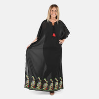 TAMSY Black Long V-Neck Mexi Kaftan with Doori & Tassels - One Size Fits Most