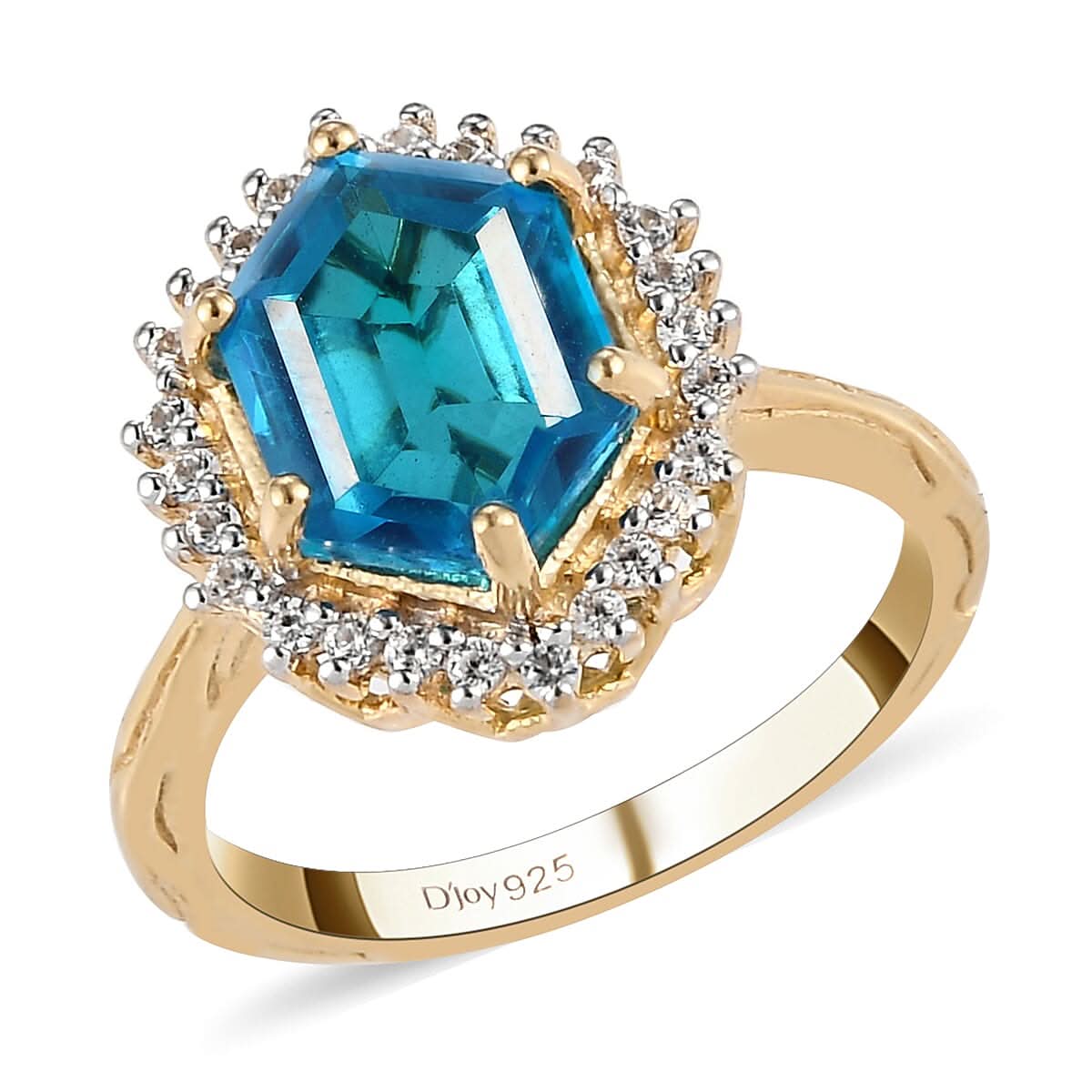Caribbean Quartz and Natural White Zircon Halo Ring in Vermeil Yellow Gold Over Sterling Silver (Size 9.0) 3.60 ctw