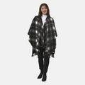 TAMSY Large Neutral Plaid Pattern Double Knit Poncho with Fringe (48"X 28.3") - Sticky add to cart bar