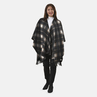 TAMSY Large Neutral Plaid Pattern Double Knit Poncho with Fringe (48"X 28.3")