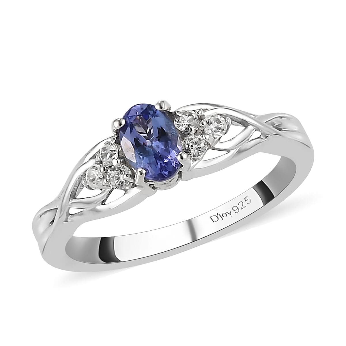 Tanzanite and Natural White Zircon Ring in Platinum Over Sterling Silver (Size 8.0) 0.65 ctw