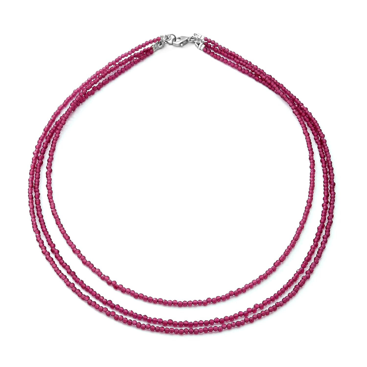 Mozambique Garnet Beaded Three Row Necklace 18 Inches with Lobster Lock in Sterling Silver 50.00 ctw