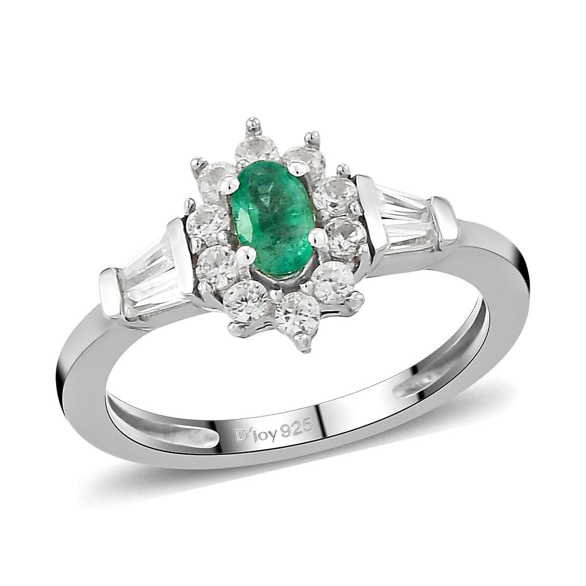 AAA Kagem Zambian Emerald and Natural White Zircon Halo Ring in Platinum Over Sterling Silver (Size 7.0) 0.75 ctw