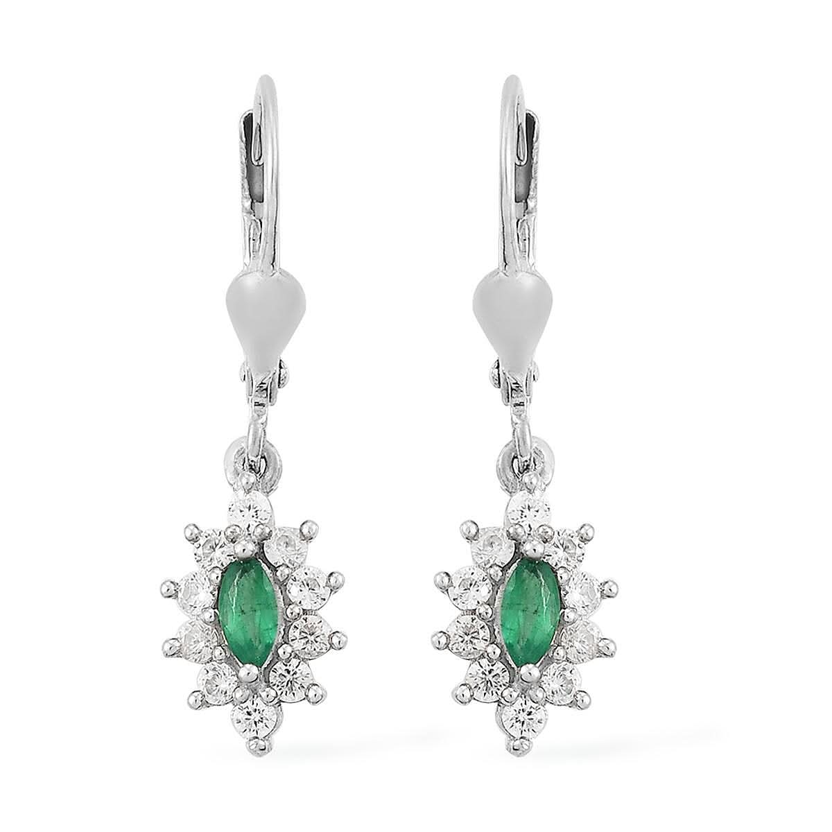 AAA Kagem Zambian Emerald and Natural White Zircon Lever Back Earrings in Platinum Over Sterling Silver 1.00 ctw