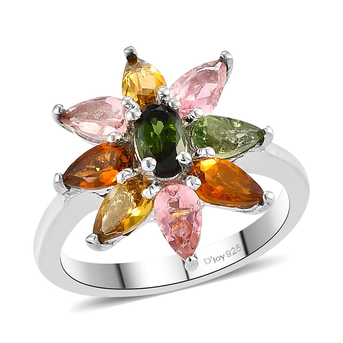Multi-Tourmaline Floral Ring in Platinum Over Sterling Silver 1.85 ctw