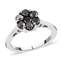 Pressure Set Black Diamond Floral Ring in Platinum Over Sterling Silver (Size 6.0) 1.00 ctw