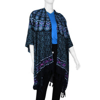 Tamsy Green Bohemian Printed Rayon Kimono with Tassels - One Size Fits Most