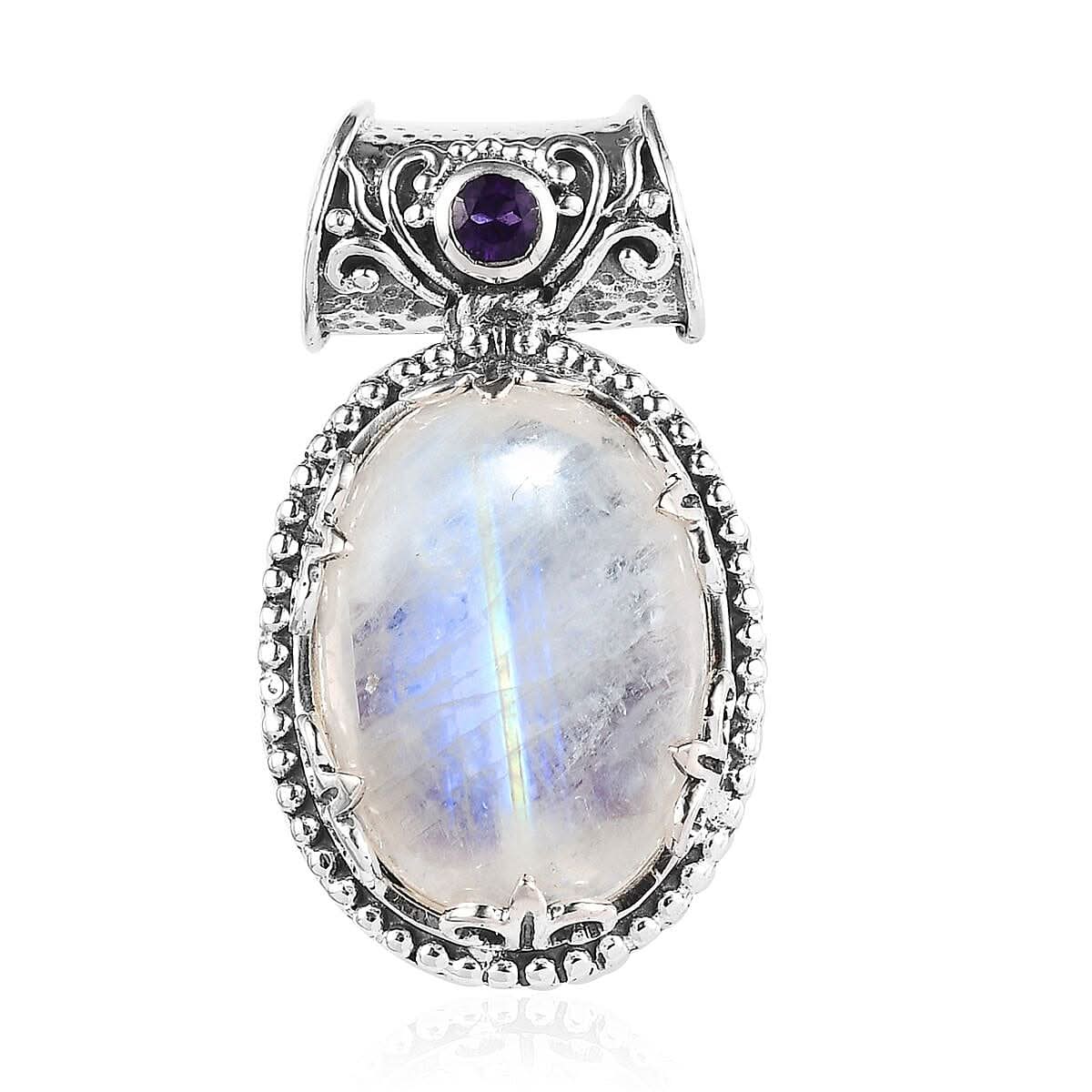 Rainbow Moonstone and African Amethyst Pendant without Chain in Sterling Silver 12.35 ctw