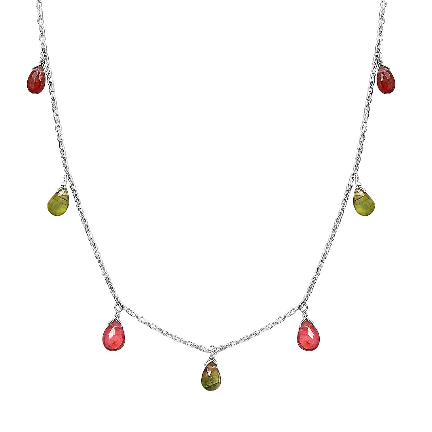 Multi Color Tourmaline Teardrop Charm Necklace 18 Inches in Sterling Silver 8.90 ctw