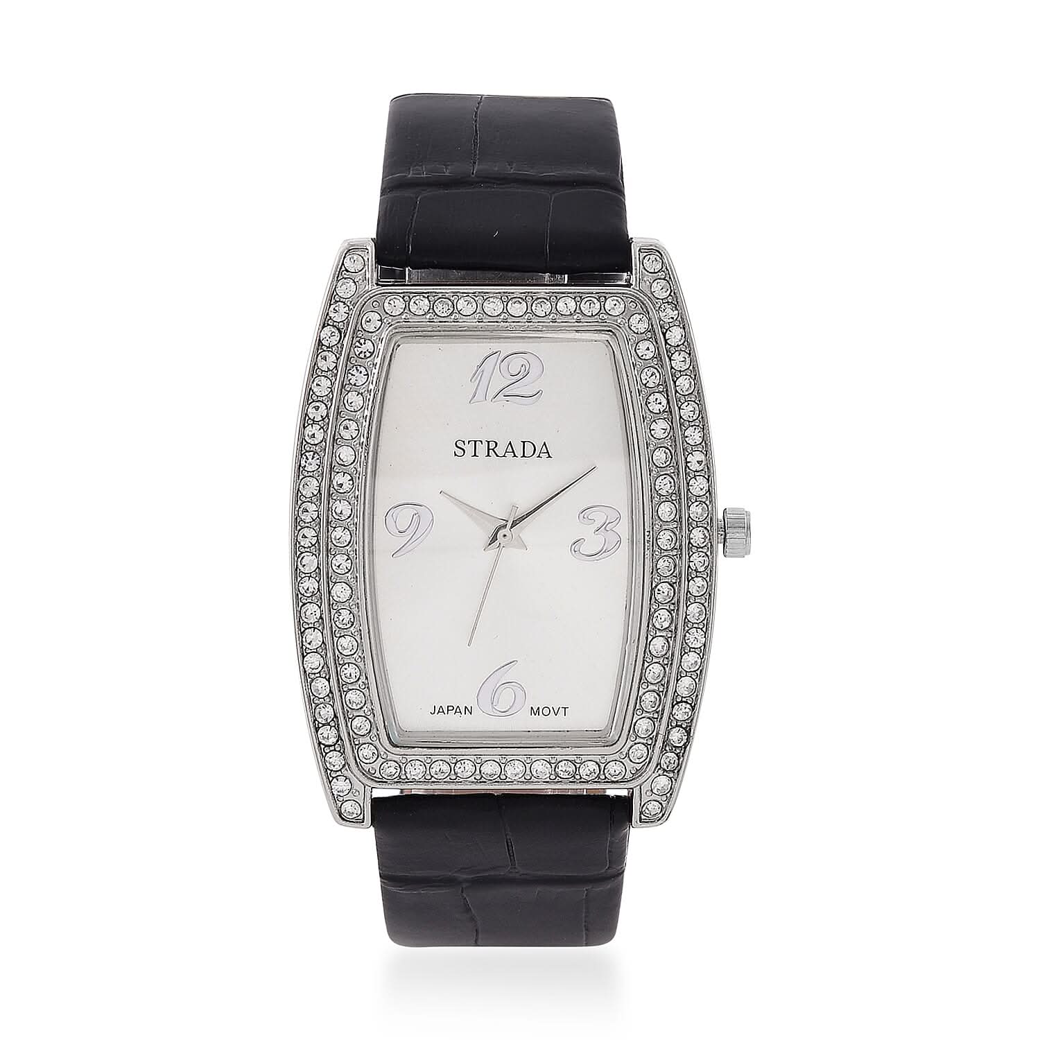 Strada Austrian Crystal Japanese Movement Watch with Black Faux Leather Strap (33.7x8.6mm) (7.0-8.5 In)