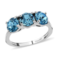 Aquamarine Color Crystal 3 Stone Ring in Sterling Silver 1.90 ctw