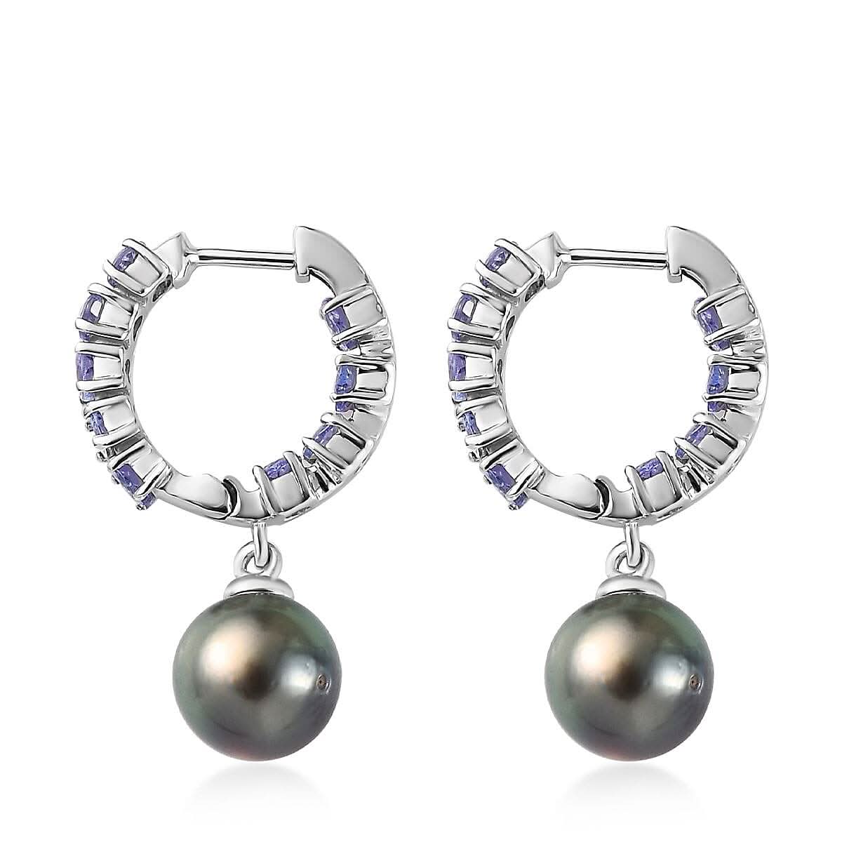 Tahitian Cultured Pearl 9-10mm and Tanzanite Earrings in Platinum Over Sterling Silver 2.85 ctw