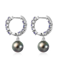 Tahitian Cultured Pearl 9-10mm and Tanzanite Earrings in Platinum Over Sterling Silver 2.85 ctw