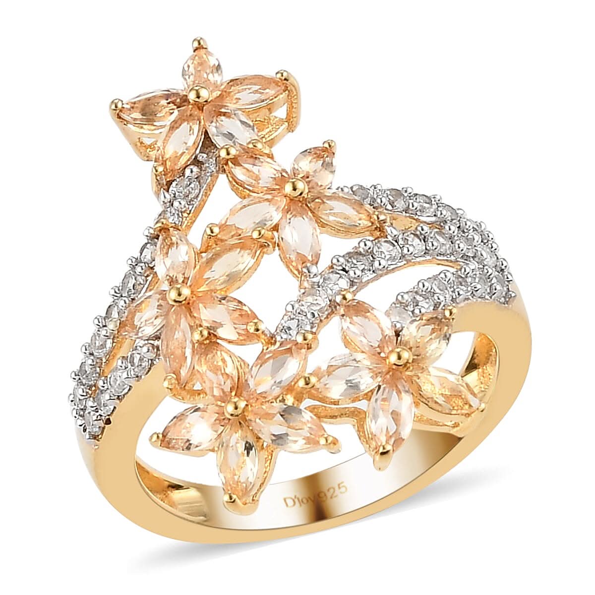 Premium Natural Imperial Topaz and Natural White Zircon Bypass Flowers Ring in Vermeil Yellow Gold Over Sterling Silver 3.00 ctw (1)