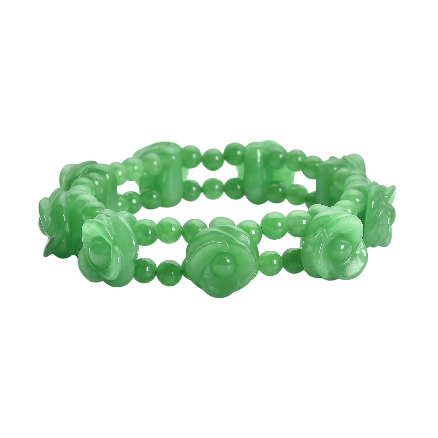 BLAKE SPECIAL TLV Green Jade Carved Rose Flower Beaded Stretch Bracelet 240.00 ctw