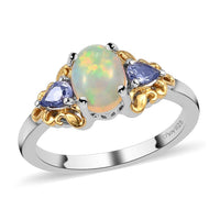 Ethiopian Welo Opal and Tanzanite Ring in Vermeil Yellow Gold and Platinum Over Sterling Silver 1.10 ctw