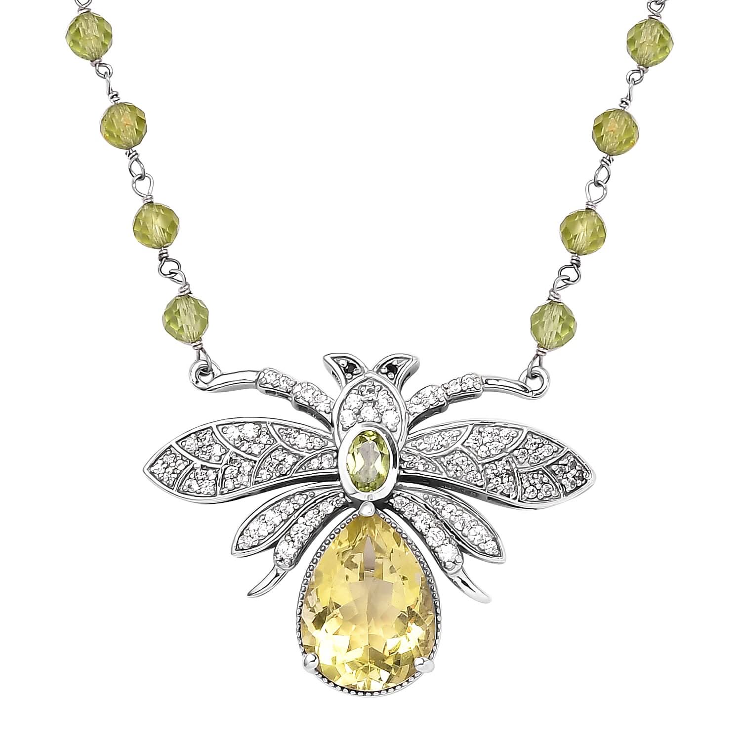 GP Italian Garden Collection Green Gold Quartz and Multi Gemstone Bee Necklace 18 Inches in Platinum Over Sterling Silver 10.40 Grams 34.90 ctw