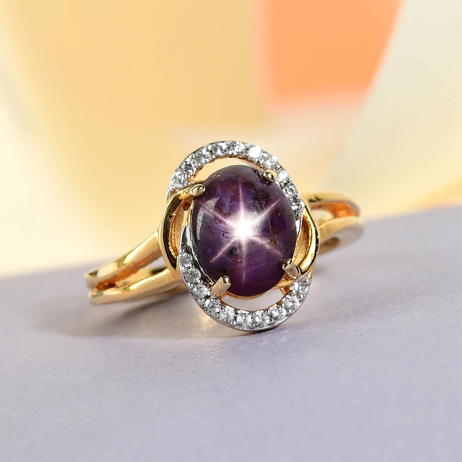 Indian Star Ruby and Natural White Zircon Split Shank Ring in Vermeil Yellow Gold Over Sterling Silver 3.25 ctw (2)