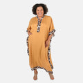 TAMSY Tan Solid American Crepe Long Kaftan With Printed Outerline - One Size Fits Most - Sticky add to cart bar