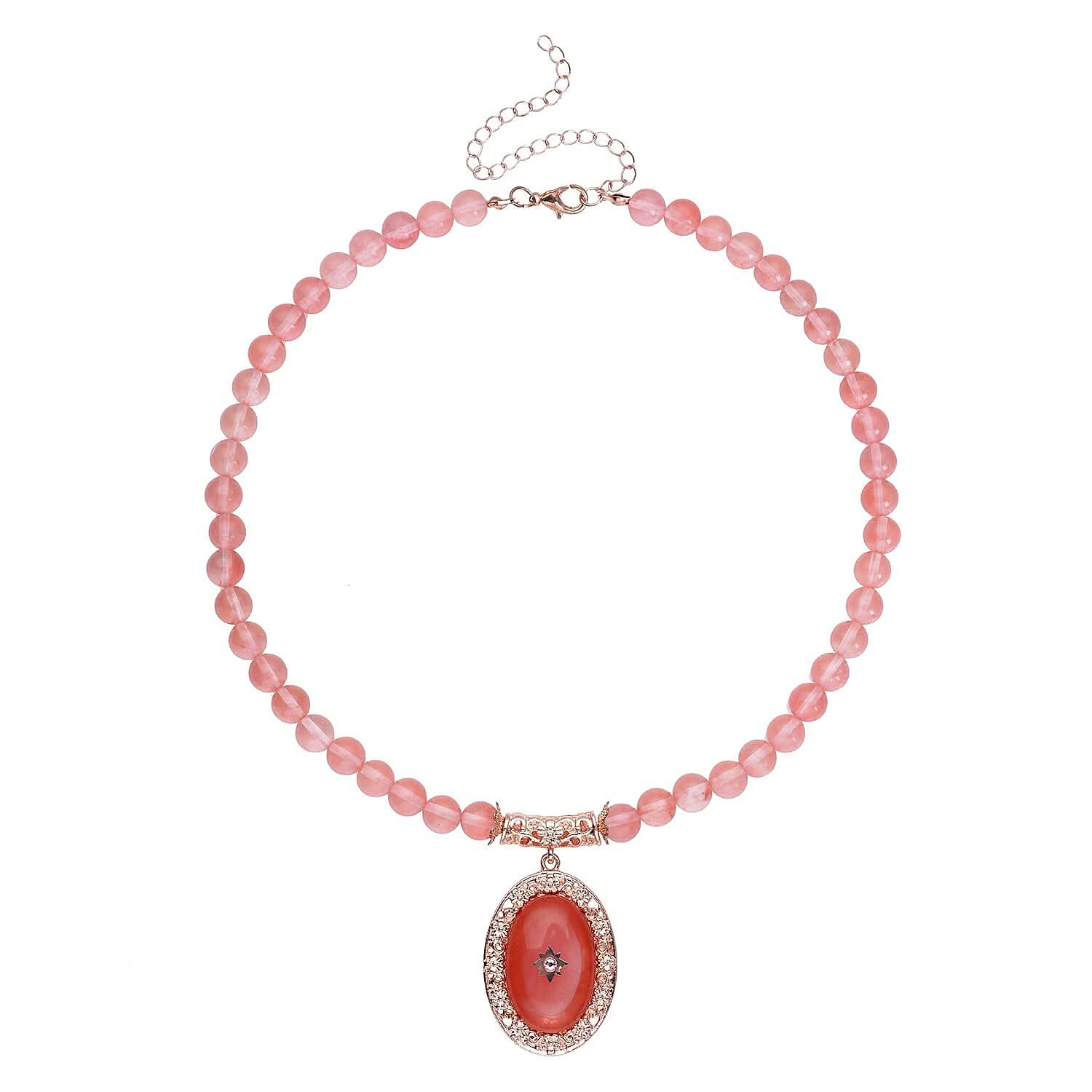 Cherry Quartz and Pink Austrian Crystal Beaded Necklace 18.5-22.5 Inches in Rosetone 200.00 ctw