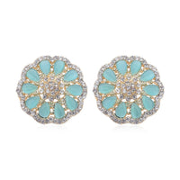 Simulated Blue Cat's Eye and Austrian Crystal Floral Stud Earrings in Goldtone 5.00 ctw