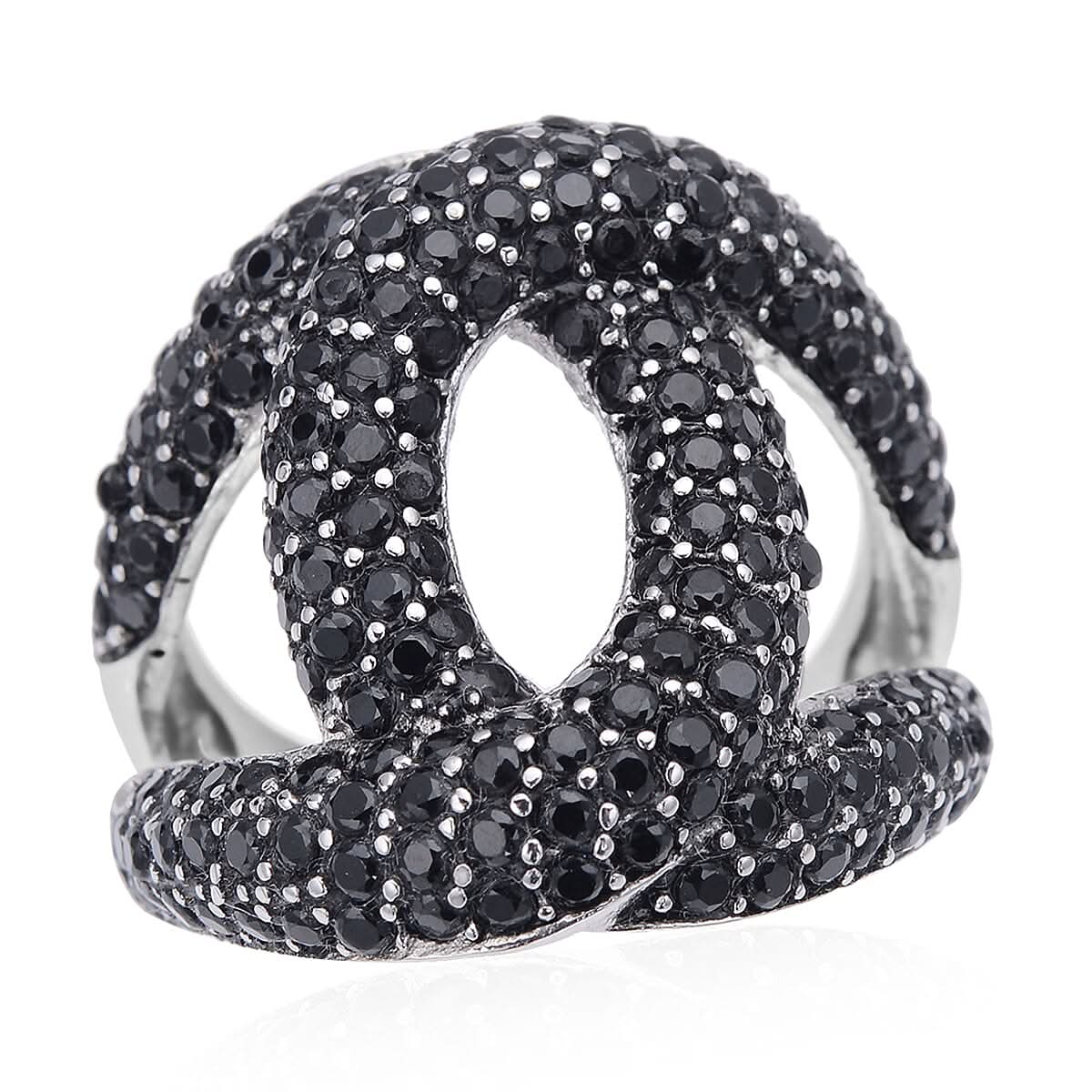 Natural Thai Black Spinel Link Ring in Stainless Steel (Size 10.0) 2.00 ctw