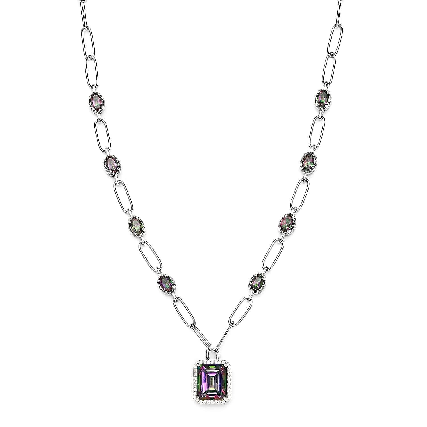 Northern Lights Mystic Topaz and White Zircon Paper Clip Station Necklace 18 Inches in Platinum Over Sterling Silver 12.10 ctw