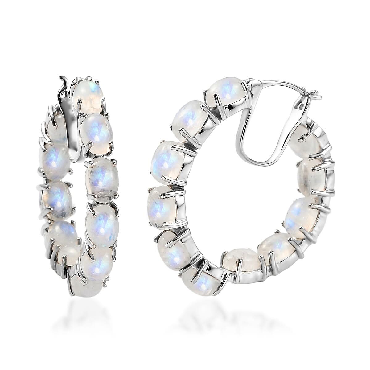 Kuisa Rainbow Moonstone Inside Out Hoop Earrings in Platinum Over Sterling Silver 23.35 ctw