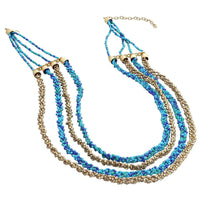 Turquoise and Blue Beaded Multi Strand Necklace (24 Inches) in Goldtone