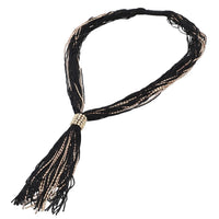 Black Tasseled Collar Glass Seed Beaded Necklace 32 Inches in Goldtone