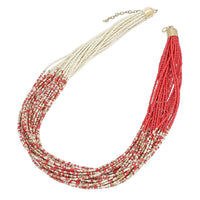 Coral and Ivory Knotted Glass Seed Beaded Necklace 26 Inches in Goldtone