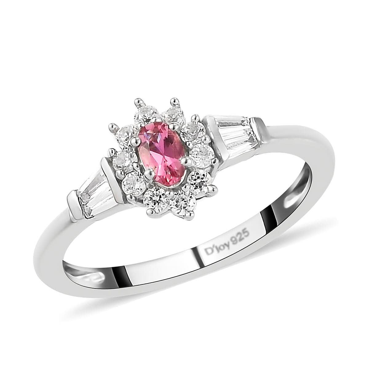 Ouro Fino Rubellite, Natural White Zircon Halo Ring in Platinum Over Sterling Silver (Size 10.0) 0.75 ctw