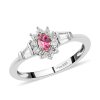 Ouro Fino Rubellite, Natural White Zircon Halo Ring in Platinum Over Sterling Silver (Size 10.0) 0.75 ctw