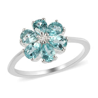 Green Apatite and Natural White Zircon Floral Ring in Sterling Silver 1.15 ctw
