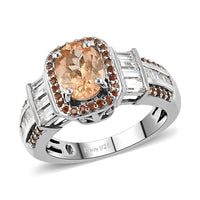Natural Ceylon Imperial Garnet, Natural White Zircon and Coffee Zircon Ring in Platinum Over Sterling Silver (Size 8.0) 2.65 ctw