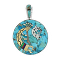 Santa Fe Style Multi Turquoise and Multi Gemstone Kokopelli and Lizard Round Reversible Pendant in Sterling Silver 11.70 Grams (Made in USA) 7.80 ctw - Sticky add to cart bar