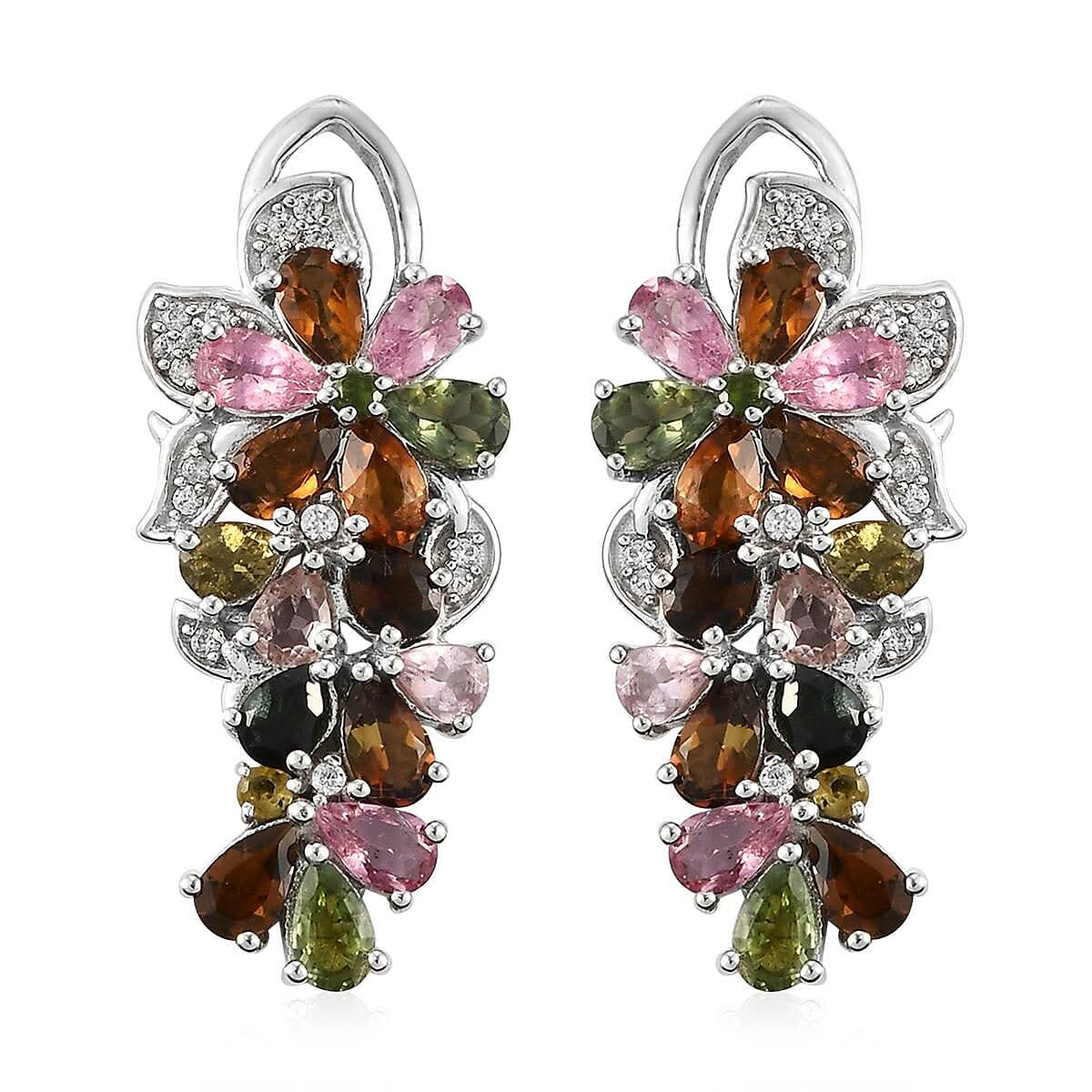 Multi-Tourmaline and Natural White Zircon Cluster Earrings in Platinum Over Sterling Silver 5.70 ctw