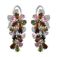 Multi-Tourmaline and Natural White Zircon Cluster Earrings in Platinum Over Sterling Silver 5.70 ctw