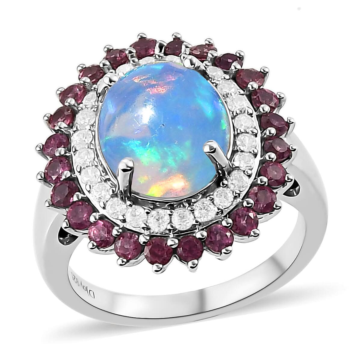 Ethiopian Welo Opal and Multi Gemstone Cocktail Ring in Platinum Over Sterling Silver (Size 7.0) 3.85 ctw