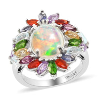 Premium Ethiopian Welo Opal and Multi Gemstone Floral Ring in Platinum Over Sterling Silver (Size 10.0) 3.40 ctw