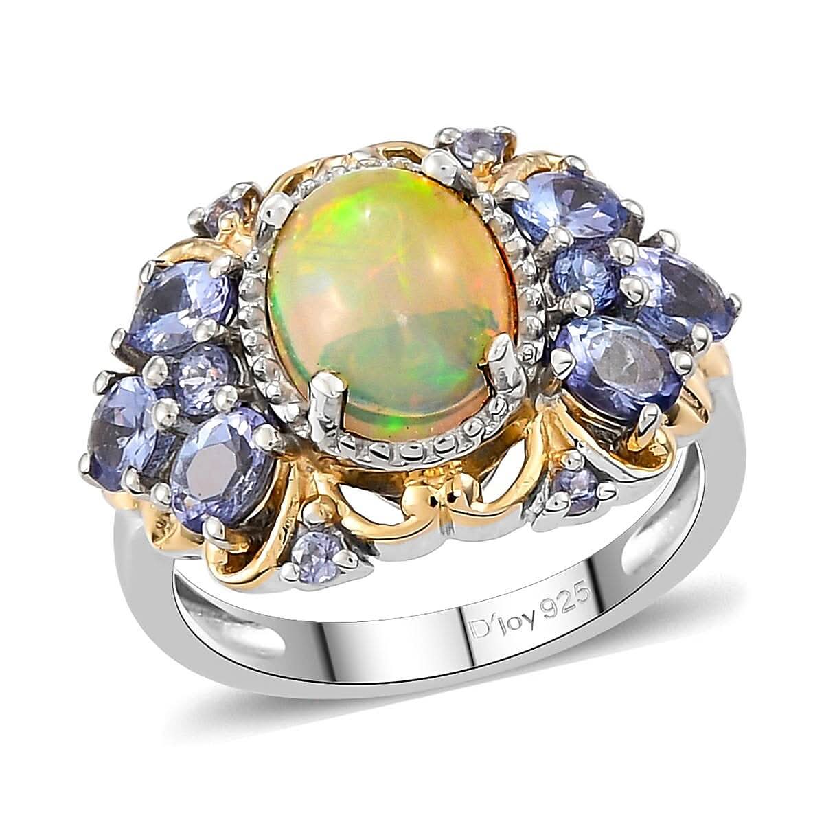 Premium Ethiopian Welo Opal and Tanzanite Ring in Vermeil Yellow Gold and Platinum Over Sterling Silver 2.15 ctw (1)