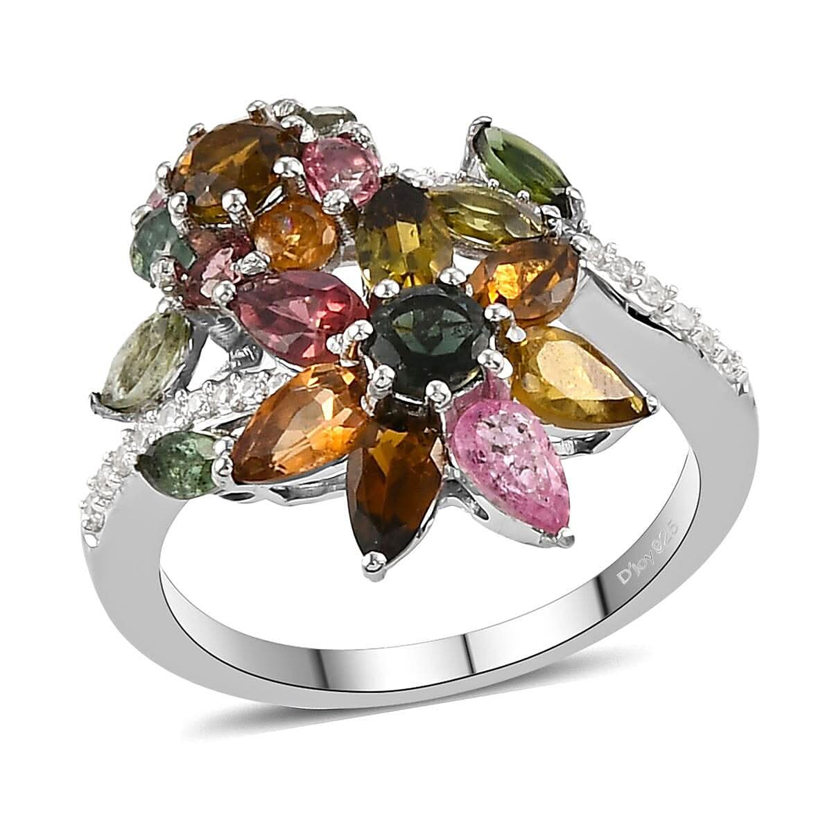 Multi-Tourmaline and Natural White Zircon Bypass Floral Ring in Platinum Over Sterling Silver 3.00 ctw (1)
