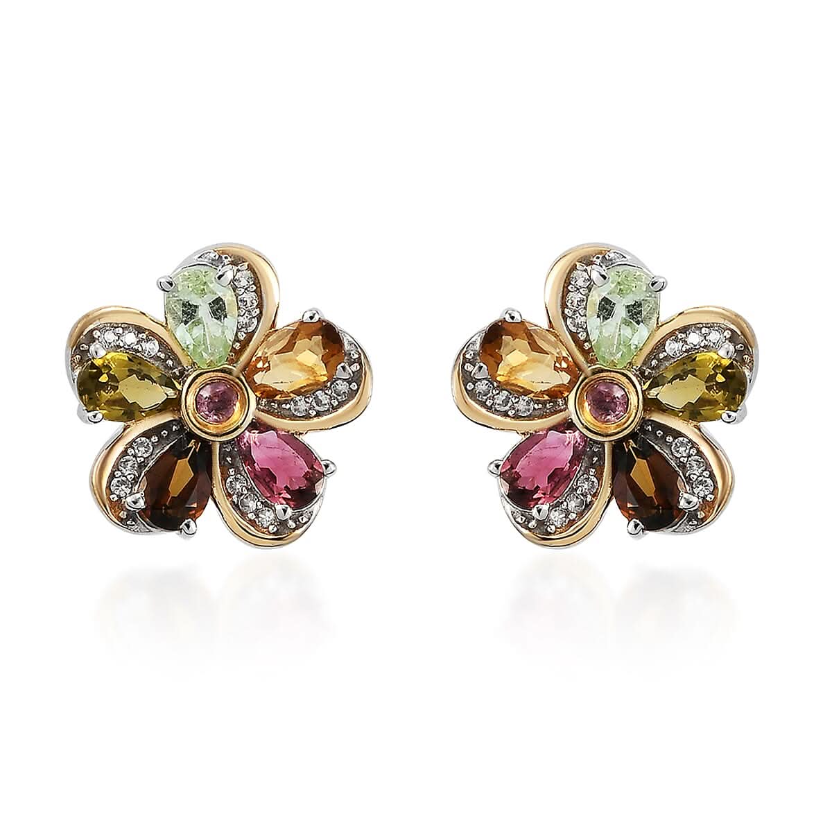 Multi-Tourmaline and Natural White Zircon Floral Earrings in Vermeil Yellow Gold and Platinum Over Sterling Silver 2.25 ctw