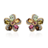 Multi-Tourmaline and Natural White Zircon Floral Earrings in Vermeil Yellow Gold and Platinum Over Sterling Silver 2.25 ctw