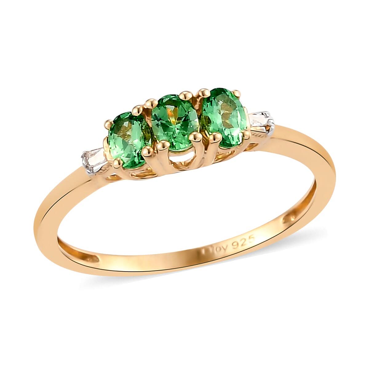 Natural Tsavorite Garnet and Diamond Accent Trilogy Ring in Vermeil Yellow Gold Over Sterling Silver (Size 8.0) 0.50 ctw (1)